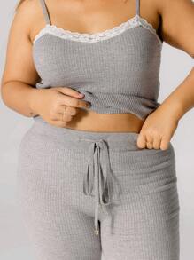 Aralina Cozy Curve Lace Trim Soft And Stretch Gray Rib Knit Front Tie Sleeveless Sleep Set With Headband - Grey - View 3