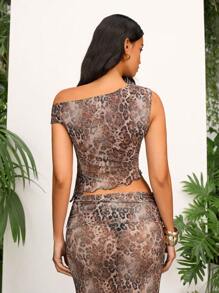 Valentine DayKnitted Mesh Printed Sleeveless Asymmetrical Hem Ladies Top,Versatile For Music Festival, Party, Date - Brown - View 2