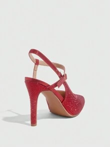 CUCCOO SZL Red Rhinestone Decor Women's Simple Practical Versatile High Heel Pumps - Red - View 9