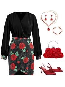 Ellevyn 女士优雅 V 领亮片黑红色迷你紧身连衣裙，新款春夏情人节连衣裙优雅生日服装女士中国新年服装 - 彩色 - 查看 1