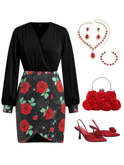 Ellevyn Vestido ajustado elegante de mujer con cuello en V, de color rosa fucsia con lentejuelas, mini, nuevo modelo de primavera/verano, vestido de Día de San Valentín, elegante conjunto de cumpleaños para mujer, atuendo de Año Nuevo Chino