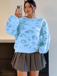 Flirla Suéter de punto de talla grande con cuello redondo y ajuste holgado con estampado de leopardo, otoño/invierno