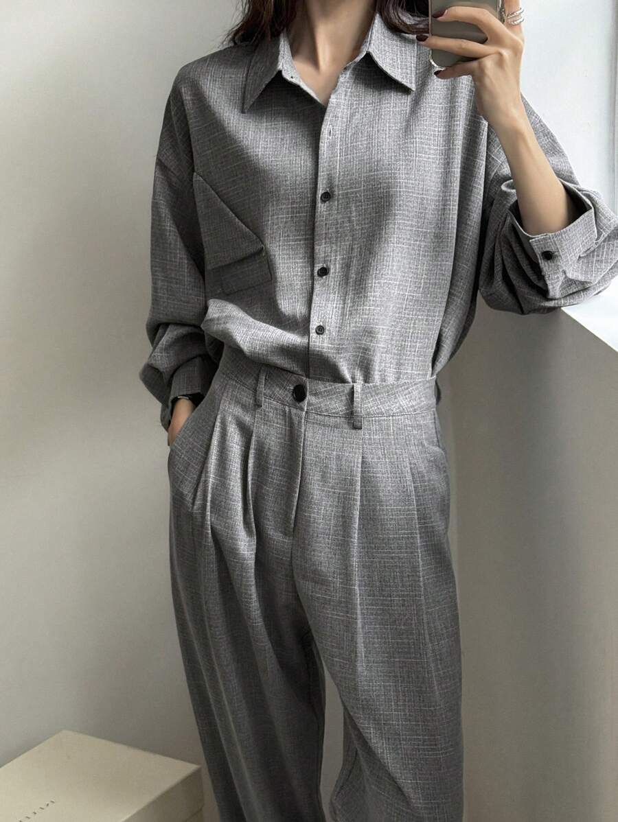 DAZY 2 件套女士休闲套装 - 正面纽扣长袖上衣和裤子