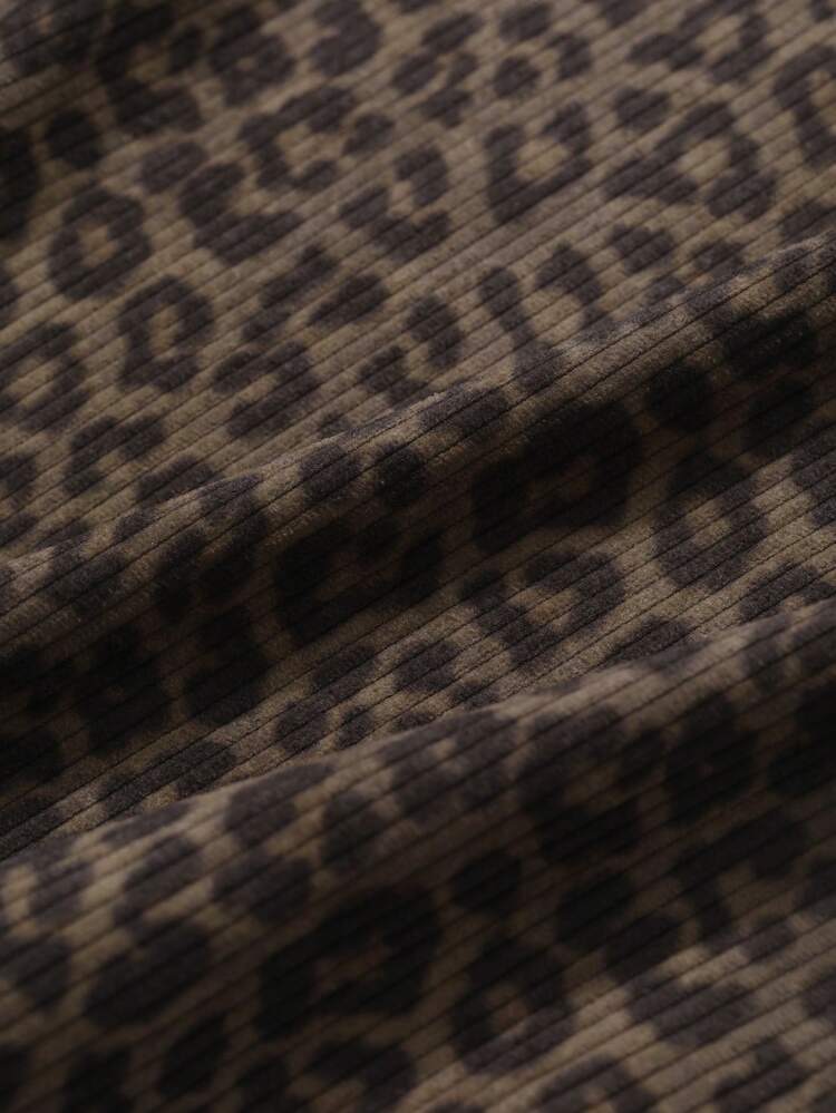 Women's Loose Fit Round Neck Short Sleeve Corduroy Leopard Print T-Shirt Cheetah Print