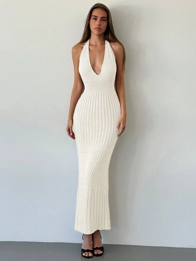 Aloruh New Summer Crochet Plunging Halter Backless Casual Dress, Sexy Vacation Cocktail Party Versatile Knit Dress,White Graduation Dress,Summer Dresses For Women