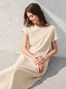 EMERY ROSE Women Casual Round Neck Short Sleeve Pocket Midi Dress, Suitable For Spring And Summer Everyday Outdoor Wear - Khaki - View 6