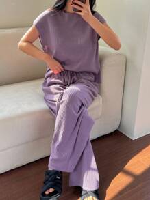 DAZY 2 件套柔软纯色宽松舒适女士睡衣套装 - 紫色 - 查看 6