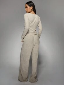 MISSGUIDED Luxury Ribbed Knit Loungewear Set Wide Leg Pants Cozy Two Piece Outfit Winter Casual Sweater Matching Set Palazzo Pants Drawstring Waist - Apricot - View 2