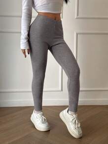 SHEIN Unity Women's Solid Color Casual Leggings, Minimalist Style For Daily Wear Fall Cloth For Women - Grey - View 5