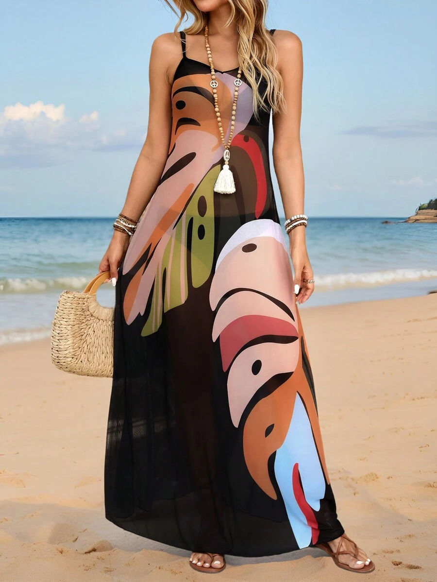 Breezaya 女士夏季服装 夏季女士热带植物印花沙滩罩衫，带可调节肩带 - 彩色 - 查看 1