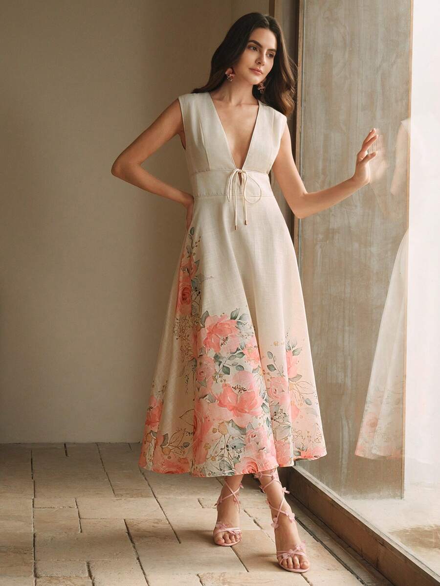 Anewsta Französischer Stil Tiefer V-Ausschnitt Positionsdruck Ärmellos Midi Blumenkleid für Frauen