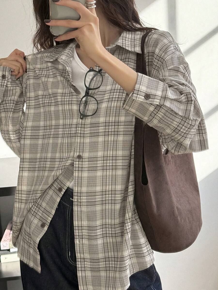 DAZY 女式复古格子长袖衬衫，秋季服装，法兰绒女装 - 棕色 - 查看 1