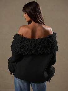 MUSERA Textured Shaggy Knit Asymmetrical Neck Jumper Spring Y2K 90's Casual Cute Festival Holiday Summer - Black - View 2