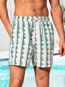Manfinity Swimmode Men's Geometric Print Drawstring Waist Pocket Loose Beach Shorts