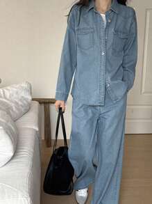 DAZY 女士休闲牛仔衬衫和牛仔裤两件套西装，秋季 - 中等水洗藍 - 查看 5