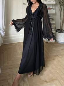 SHEIN Women 2 Pieces Set Ruffled Long Sleeve Top And Spaghetti Strap Dress Pajamas - Black - View 6