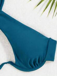 SHEIN Swim Conjunto de 2 piezas de ropa de baño para mujer con forro de sujetador de acero, top corto sexy de cuello halter de unicolor y pantalones cortos de verano