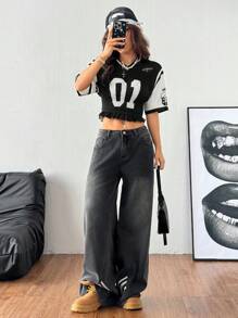 Coolane Tween 女童秋季 Y2K 运动数字图案足球球衣褶皱 T 恤 - 黑色 - 查看 6