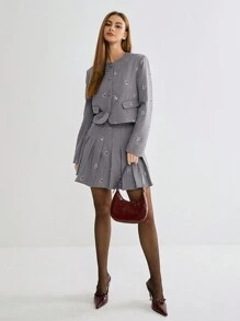 Enchnt Women's Grey Summer Elegant Tea Party Pearl&Sequin Floral Embroidery Pleated Mini Skirt,Stylish For Valentine's Day&Christmas&Birthday&Daily - Grey - View 1