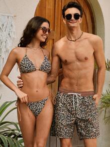 Manfinity VDAYZ Pantalones cortos casuales de playa con bolsillo y cordones, estampado de leopardo, para novio