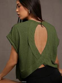 SHEIN Essnce 女士夏季休閒圓領短袖T卹，背後剪裁設計 - 軍綠色 - 查看 3