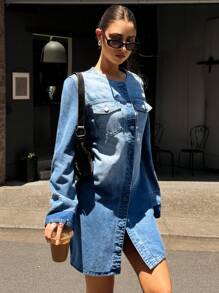 Forever 21 Women's Front Button Long Sleeve Pocket Casual Short Denim Dress