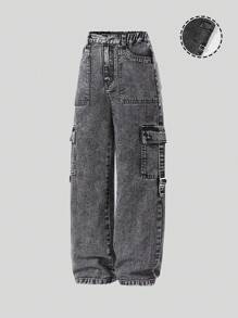 SHEIN 大童弹力腰复古街头时尚多口袋侧面 D 形环装饰黑色牛仔工装裤 - 黑色 - 查看 5