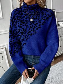 SHEIN LUNE Women Leopard Pattern High Neck Loose Fit Pullover Sweater, Autumn/Winter Knit Pullover Fall Sweater - Royal Blue - View 6