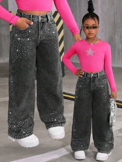 SHEIN Explorewe Tween Girls Rhinestone Decorated Flare Leg Jeans, Fashionable Y2K Style For Casual Outings & City Walks