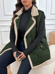 SHEIN Frenchy Women's Plus Size Thick Contrast Color Vest Jacket, Fashionable & Versatile Autumn/Winter Coat - Green - View 1