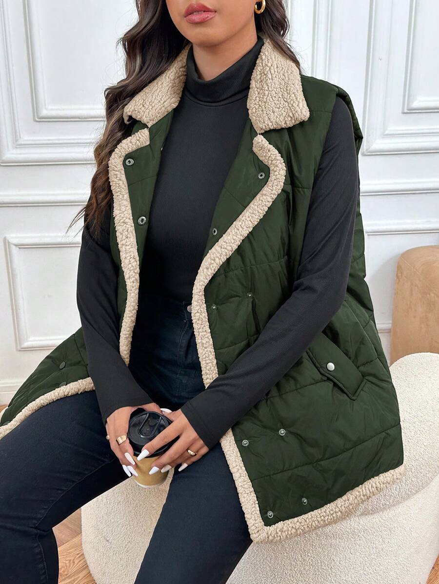 SHEIN Frenchy Women's Plus Size Thick Contrast Color Vest Jacket, Fashionable & Versatile Autumn/Winter Coat - Green - View 1