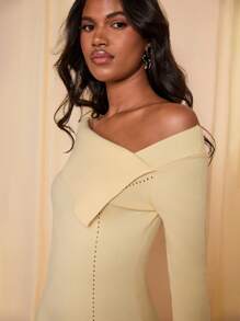 COSMINA Women's Solid Color Oblique Shoulder Long Sleeve Simple Short Elegant Dress - Yellow - View 5