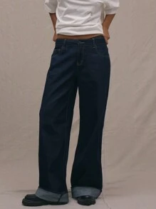 MUSERA Roll Over Hem Wide Leg Jeans, Spring 90's Y2k