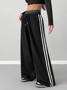 SHEIN EZwear 女士基本款格子拼色运动裤 - 黑色 - 查看 3