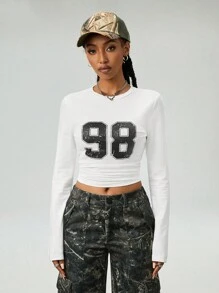 SHEIN EZwear Camiseta de manga larga informal de punto con número, estilo Y2K para mujer