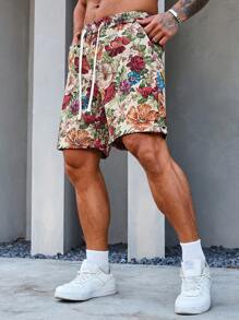 Manfinity LEGND 男士休闲日常及海滩度假风，INS 同款单品：经典时尚休闲红色复古奢华花卉提花弹力腰短裤。这套短裤非常适合春夏穿着。 - 彩色 - 查看 6