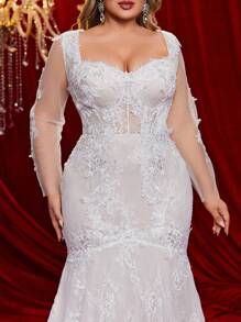 Glamrae Plus Size White & Champagne Colorblock Patchwork High Slit Illusion Elegant Wedding Evening Gown With Maxi Train Dress,Bride