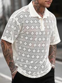 Manfinity CasualCool Men's Casual Daily And Beach Vacation Style, INS Matching Item: Fashionable, Romantic, And Elegant Textured Cream White Short-Sleeve Polo Shirt With Button-Down Front. This Polo Shirt Is Perfect For Spring And Summer, Ideal For Hawaiian Beach Vacations, And Suitable For Valentine's Day Couples, Making It A Great Gift For Boyfriends Or Husbands