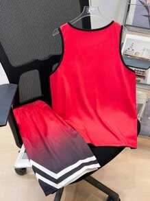 SHEIN Set 2 Potong Jersey Olahraga Kasual Gaya Amerika untuk Anak Laki-Laki Usia Remaja (Tween Boy) - Merah - View 2