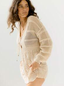 Aralina 奶油色系带前钩针卡夫坦迷你海滩罩衫连衣裙 - 米色 - 查看 4