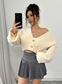 Chiquease 女士 V 领单排扣宽松休闲灯笼袖开衫，百搭秋冬 - 杏色 - 查看 3