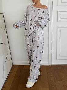 DAZY Cartoon All Over Print Loose Large Neck Women's Spring Pajama Set - Grey - View 1