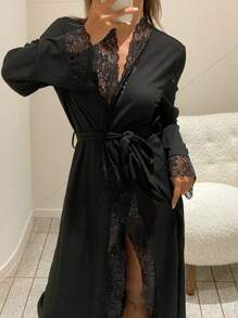 DAZY 蕾丝拼布柔软舒适长款女士浴袍睡衣