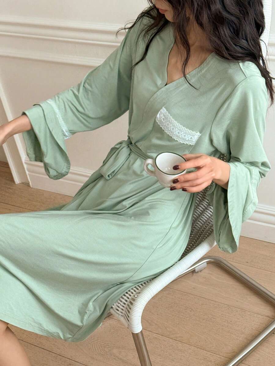 DAZY Loose Soft Comfortable Solid Color Lace Patchwork Women's Robe Pajama - Mint Green - View 1