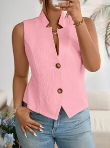 SHEIN Clasi Plus Size Solid Color Jacquard Fitted Vest Suit - Pink - View 5