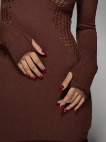 MISSGUIDED Ribbed Knit Mini Sweater Dress With Pointelle Detail Long Sleeve Bodycon Winter Holiday Party Fall Fashion - Brown - View 3