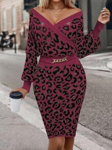 SHEIN Clasi 新品秋冬性感紧身豹纹 V 领时尚设计女式毛衣连衣裙