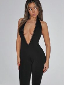 SHEIN ICON 女士 Y2k 新年派对俱乐部时尚性感深 V 领露背修身黑色连体裤