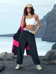 In My Nature Damen einfarbige Patchwork Schnürung mit Tasche Einfache Lässig Outdoor Hose - Schwarz - Übersicht 6