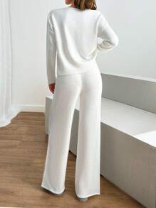 EURMUSE Round Neck Contrast Color Casual Versatile Long Sleeve Sweater And Sweater Pant 2ocs 2 Piece Set Co-Ords - Cream - View 2